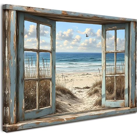 Impression sur toile avec cadre 40 x 50 cm, vue plage et mer à travers la fenêtre ouverte, tableaux muraux pour salon, chambre à coucher et bureau, décoration murale maritime avec bande et (1/5)