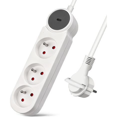 Multiprise 3 Prises avec Fiche Plate,Bloc Multiprises avec Interrupteur, Rallonge 5m 230 V avec sécurité Enfant pour Maison, Bureau, Blanc (1/5)