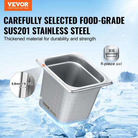 Bac Gastronorme GN 1/6 Lot de 6, Récipient Inox pour Bain-marie 0,8 mm d'Épaisseur, Bac Inox Alimentaire 16 cm Profondeur, pour Fours à Convection, Réfrigérateurs, Stockage, Restauration (1/5)