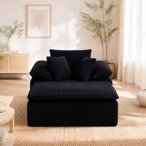 Fauteuil relax 1 place 177 x 122 x 92 cm en velours côtelé noir HAVRYA (1/5)
