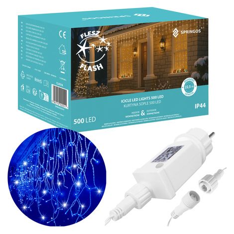 SPRINGOS Lichterkette 500 LED 22,5 m Blau Flash Funktion Stromversorgung Lichtervorhang Lichtdekoration Indoor Outdoor Weihnachten Weihnachtsdekoration LED-Leuchten LED-Lämpchen