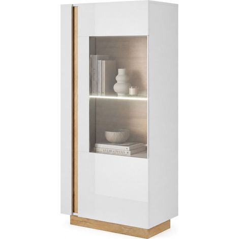 Vitrine Kato, Ausstellungsregal 2 Böden, eine Tür, mit LED, 72x40x154h cm Hochglanz Weiß
