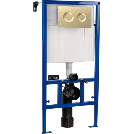 Hudson Reed Mid-Height Wall Hung Toilet Frame 890mm H with Dual Round Flush Plate Concealed Cistern - Brushed Brass
