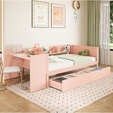 Cama 90x200 cm de pino y tablero, blanco/rosa, con escritorio, 2 cajones y estantes (1/5)