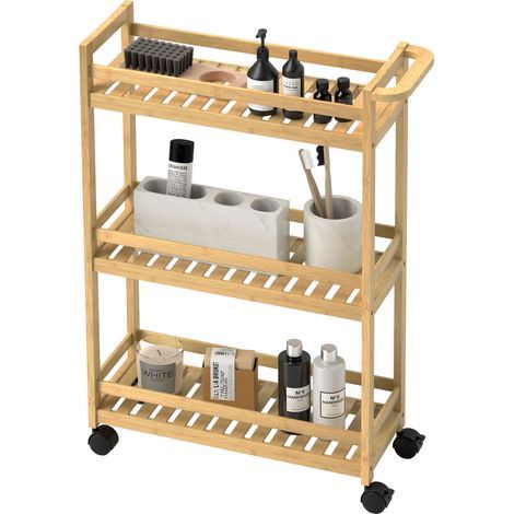 Chariot de service, 3 niveaux, étagères à lattes, protection anti-chute, bambou, 55 x 20 x 75 cm (1/5)