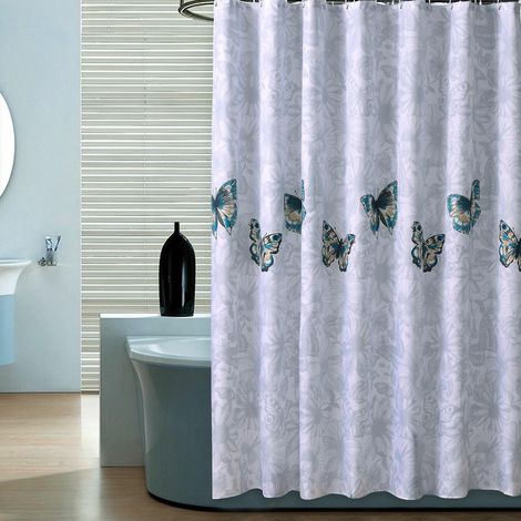 rideau De Douche Fleuri Papillon-180180cm,rideau De Douche En Polyester Lavable En Machine Avec 12 Crochets,rideaux De Salle De Bain (1/5)