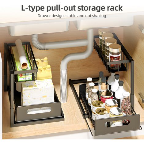 Lot de 2 organisateurs de placard en L coulissants acier carbone noir 36,5x27x26,5 cm 25kg rangement sous évier cuisine salle de bain étroit polyvalent (1/3)