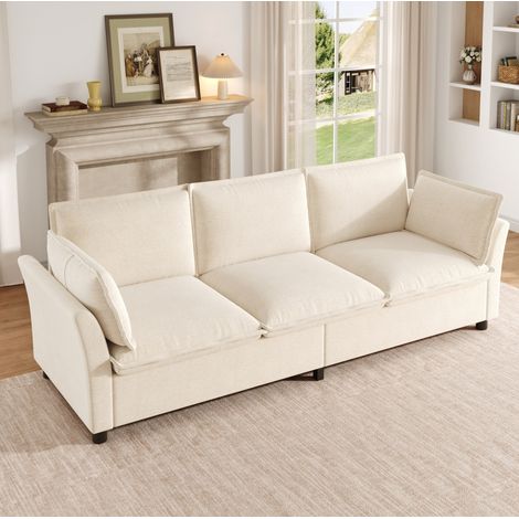 Divano a 3 posti 220x81x87 cm, seduta confortevole con molle insacchettate, struttura stabile, ciniglia - beige (1/5)
