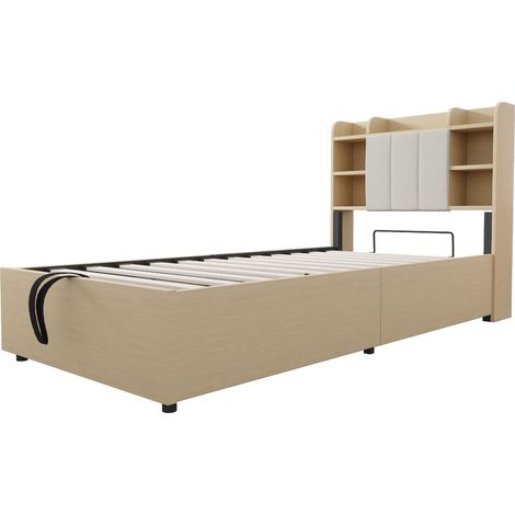 Letto singolo 90x200 cm con contenitore idraulico, testiera con USB e Type-C, colore legno (1/5)