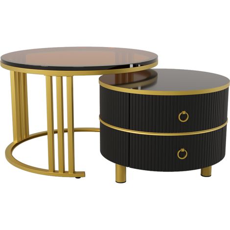 Table basse ronde 2-en-1 en MDF et verre trempé avec 2 tiroirs, 70x70x45 cm + 50x50x40 cm, design moderne pour salon (1/5)