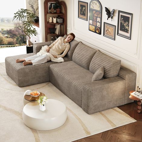 Canapé d'angle en L 241 cm, canapé 3 places en velours côtelé, canapé convertible modulable,méridienne à gauche,camel