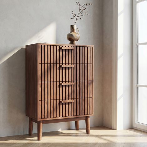 Cassettiera 60, 4 cassetti, madia 60, cassettiera per camera da Letto, design a doghe verticali, mobile contenitore per soggiorno/cucina/sala da pranzo, moderno/scandinavo(60x34x91cmcm, colore noce)