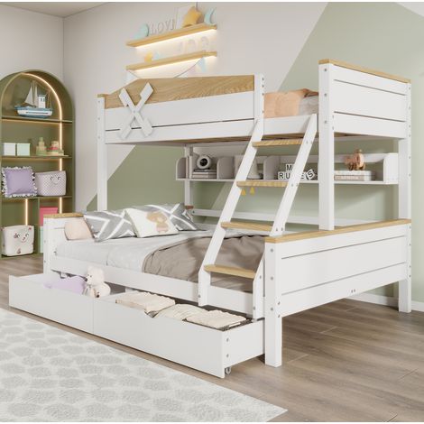 Letto a castello 90x200 cm e 140x200 cm in legno bianco/naturale, con testata a mulino, scaffali e cassetti (1/5)