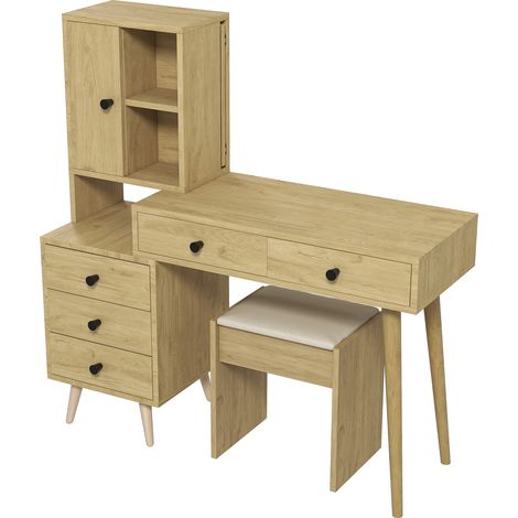 Coiffeuse moderne en bois naturel avec miroir escamotable, 5 tiroirs, armoire latérale et tabouret beige (1/5)