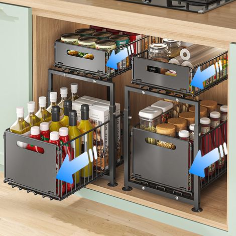 Lot de 2 Rangements sous Éviers à 2 Niveaux en Métal, Noir Organisateur Coulissant Étagère à Épices, Multifonction pour Cuisine et Salle de Bain Gain de Place, Hauteur Réglable (1/5)