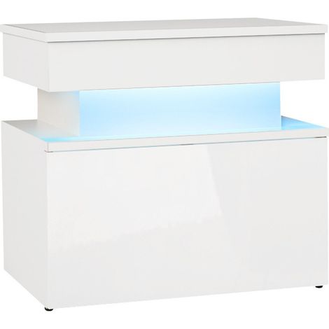Mesilla de noche Monfero, Blanco + Blanco brillante, Número de cajones: 0, Número de puertas: 0, 51x55x39cm, MDF, Aglomerado laminado, LED