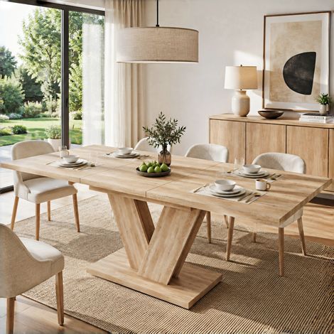 Mesa de comedor extensible de 140/180 x 80 cm, ideal para 4 a 6 personas, rectangular, con tablero grueso, patas en forma de V, estilo sencillo y color roble. (1/5)