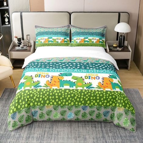 Dinosaure de Dessin animé pour Enfants 100% Coton Housse de Couette 140x200cm Jungle Dinosaure Parure de Lit Enfants garçon Fille Dinosaure Literie Set Tropical Feuilles Ensemble de lit - 140 x 200 cm (1/5)