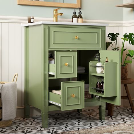 Meuble de salle de bain vert brillant 61 cm avec lavabo céramique, tiroirs et porte basculante (1/5)
