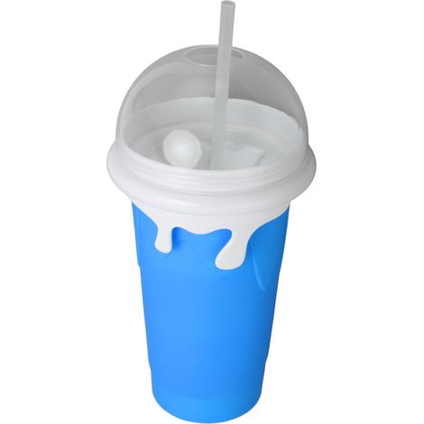 Gobelet à smoothie glacé réutilisable et anti-explosion en silicone souple avec paille double usage, idéal pour le DIY. Bleu. (1/5)