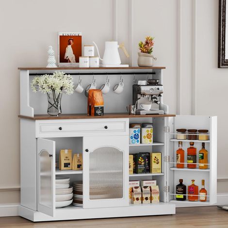 Buffet de cuisine blanc avec plan de travail, 2 portes vitrées, tiroir et étagères (1/5)