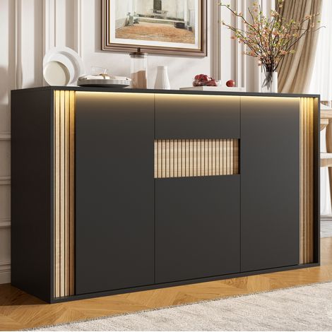 Buffet 3 portes et 1 tiroir avec éclairage LED réglable, 140 x 40 x 82 cm, noir et naturel HAVRYA (1/5)