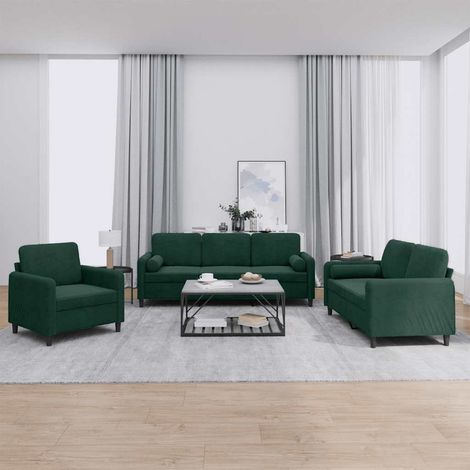 3-tlg. Sofagarnitur mit Kissen Dunkelgrün Samt