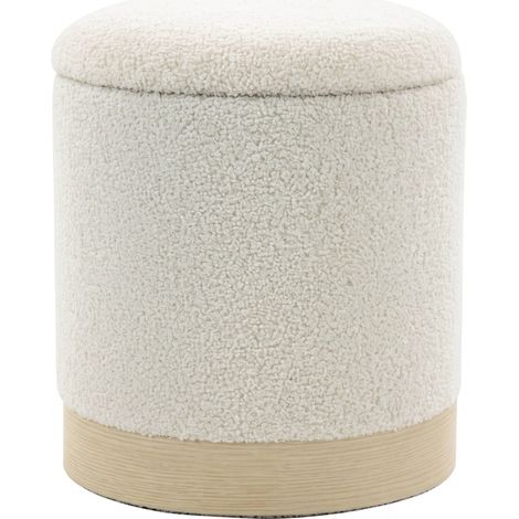 Pouf contenitore rotondo 40 cm in sherpa bianco crema con base in metallo effetto legno (1/5)