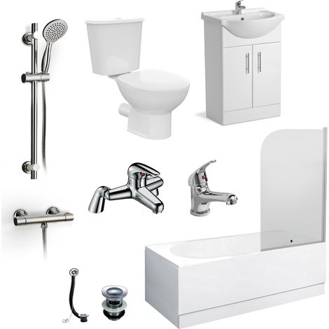 Senore 1700mm Bath, Flat Pack Basin Vainty , Close Coupled Toilet, Shower Slider Raill Kit, Bath and Mono Mixer & Wastes White (1/5)