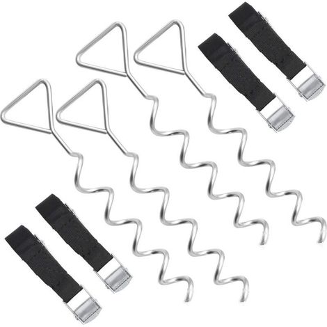 Set d'ancrage pour Trampoline, Lot de 4, Ancrage au Sol, Piquets d'ancrage Spiralés, 4 Sardines et 4 Sangles, Chevilles, Accessoire de Fixation pour Balançoire, Argent et Noir