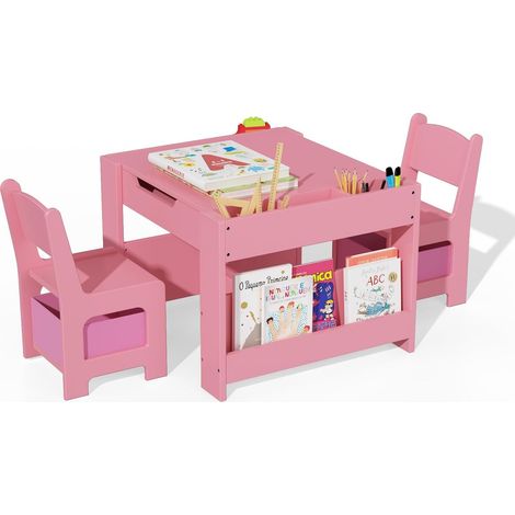 Table Enfant 4-en-1 avec 2 Chaises - Table de Jeu en Bois avec Tiroirs de Rangement, Tableau Noir et Tableau Blanc - Rose (1/5)