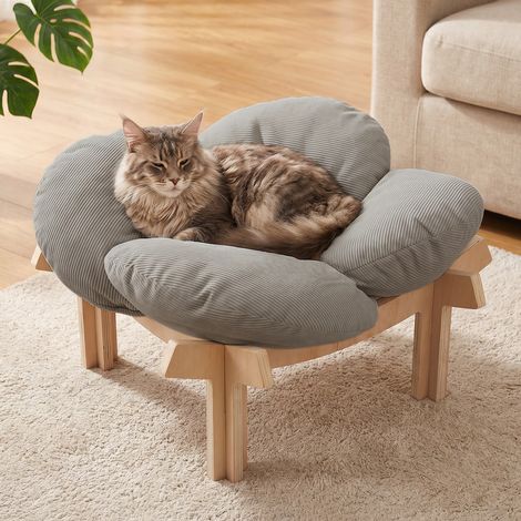 lit pour chat en bois - Lit pour chat surélevé de 55 cm - pour chien et chat extra - Portant 18 kg - Coussin d'assise amovible - forme de pétale (1/5)