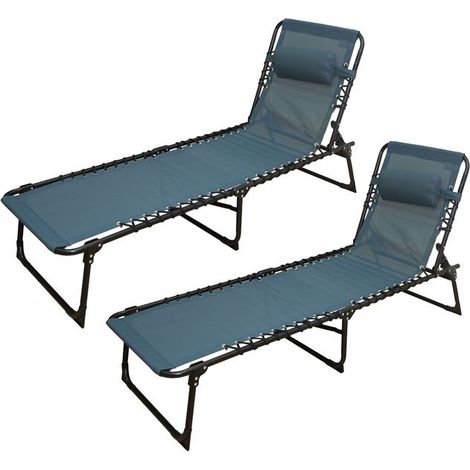 Transat chaise longue pliante - JUANIO - Lot de 2 - Bleu - Coussin amovible - Pliable à plat (1/4)