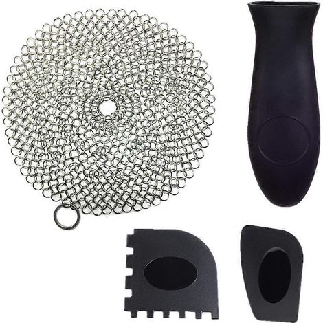 Ensemble de Grattoirs en Acier Inoxydable pour Poêles en Fonte avec Manche et Couverture - Outils de Nettoyage (1/4)