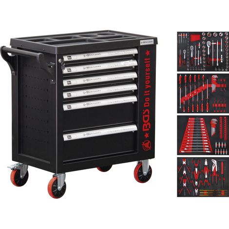 Servante d'atelier roulante 158 outils – 6 tiroirs sécurisés – 4 roulettes dont 2 avec frein – Acier robuste pour usage pro