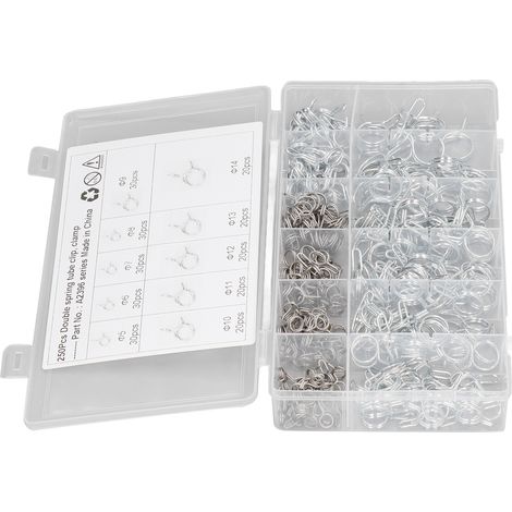 250 pièces colliers de serrage double fil pour tuyau d'arrosage, bleu blanc zingué anticorrosion, ressorts pour tube souple, avec boîte de rangement (1/5)