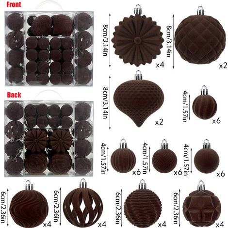 Set of 48 Flocked Plastic Christmas Tree Baubles (4/6/8 cm) – Retro-Style Spherical Hanging Ornaments – Ideal for Weddings & Parties (Coffee) (1/5)