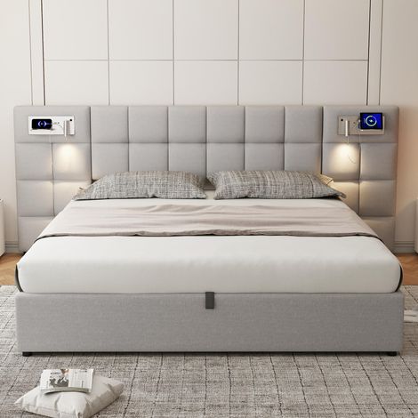 Modernluxe – Lit coffre 180x200cm en velours – Port USB et recharge sans fil – Sommier à lattes – Éclairage LED intégré – Gris