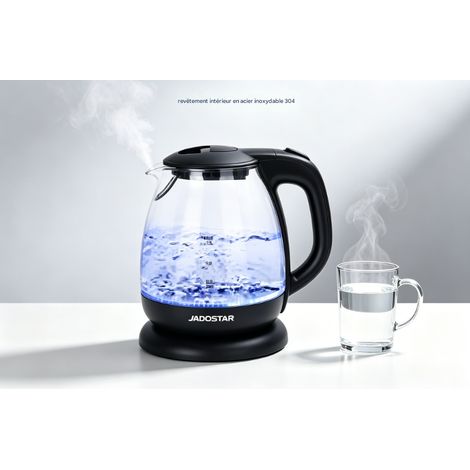 Bouilloire électrique en verre Aigostar 2200W 1L, modèle mini en verre borosilicate avec éclairage bleu, arrêt automatique, pratique et sécurisée pour un usage domestique quotidien (1/3)