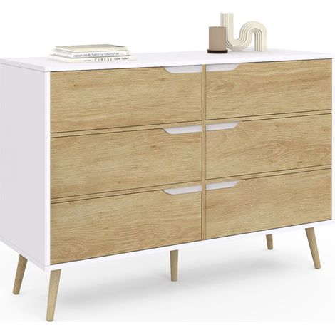 Kommode mit 6 Schubladen HELSINKI 115 cm skandinavisch weiß und Bucheneffekt (1/5)