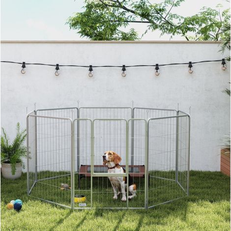 Recinto per cuccioli 8 pannelli H100 cm con porta e cinghia, acciaio argento DESVIAE (1/5)