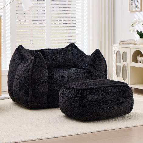 Pouf géant pour adultes et enfants, en fausse fourrure, avec coussin et repose-pieds. Canapé pouf confortable pour lire et jouer, idéal pour la chambre ou le salon. Noir. Disponible sur place. (1/5)