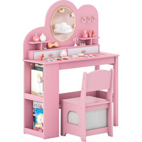 Coiffeuse enfant rose avec miroir lumineux, chaise, 2 tiroirs et étagère 2 niveaux, pour lire, dessiner ou jouer (1/2)