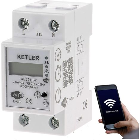 KETLER - KE6010W : Compteur contacteur électrique - Monophasé 60 A - Mesure directe - WIFI - Compatible SMART LIFE et TUYA