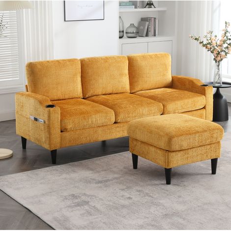 4-Sitzer-Sofa (196.5 x 75 x 77 cm), mit Hocker, Stauraum, Getränkehaltern, Chenille, Gelb (1/5)