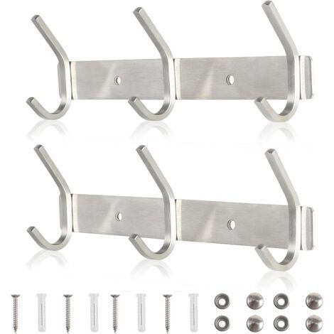 Set of 2 silver wall-mounted coat racks with 3 stainless steel hooks, maximum load 30 kg, for bathroom, hallway, kitchen, garden, jackets, towels, modern style. (1/5)