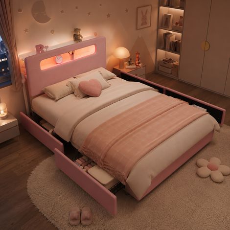 Cama infantil 140x200 cm de terciopelo rosa, 4 cajones y LED, sin colchón – MEUBLIV (1/5)