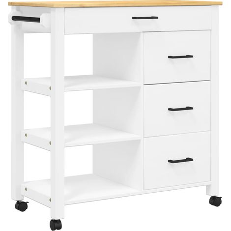 Desserte de cuisine en Pin massif Kitcha 84cm - 4 tiroirs et 3 étagères-Blanc (1/5)