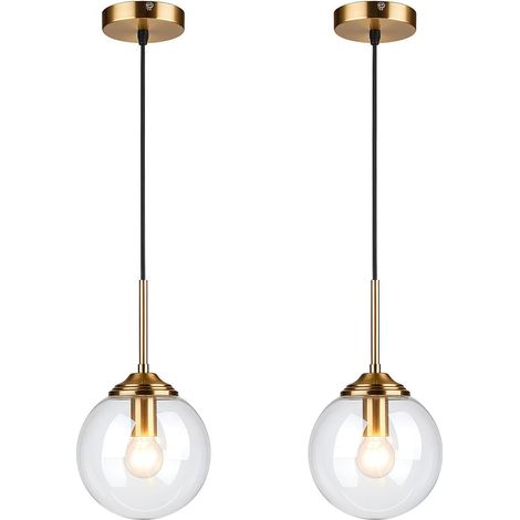 Lot de 2 lustres dorés avec boules de verre 15cm, lustres industriels Vintage E27 pour salle à manger, Chambre, cuisine et café (transparent, sans ampoule) (1/4)
