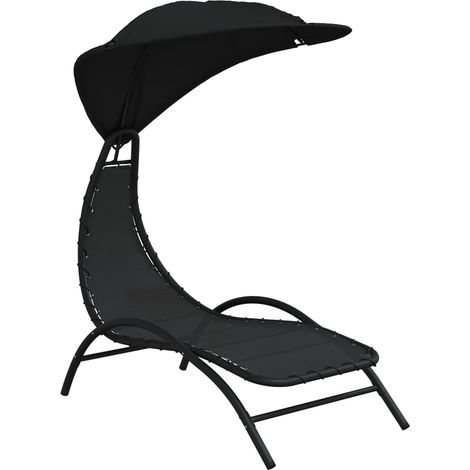 Sun Lounger With Canopy  Black  Textilene Fabric, Powder-Coated Steel vidaXL